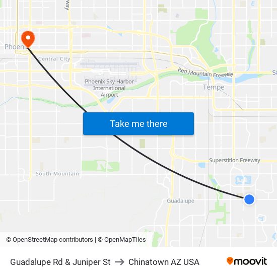 Guadalupe Rd & Juniper St to Chinatown AZ USA map