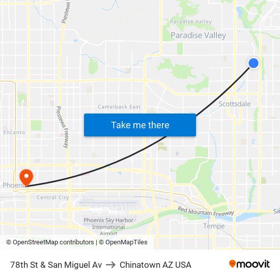 78th St & San Miguel Av to Chinatown AZ USA map