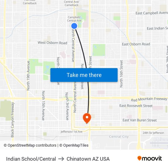 Indian School/Central to Chinatown AZ USA map