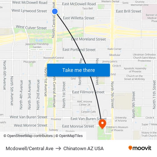 Mcdowell/Central Ave to Chinatown AZ USA map