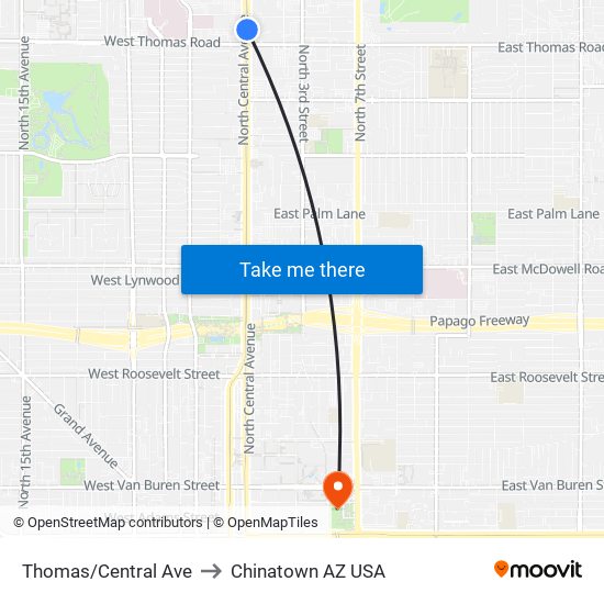 Thomas/Central Ave to Chinatown AZ USA map