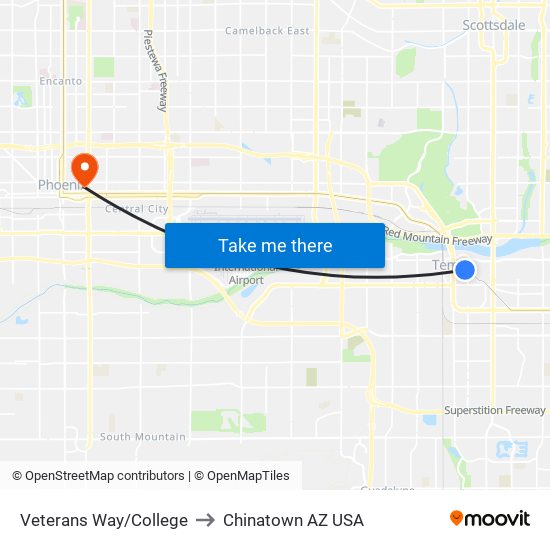 Veterans Way/College to Chinatown AZ USA map