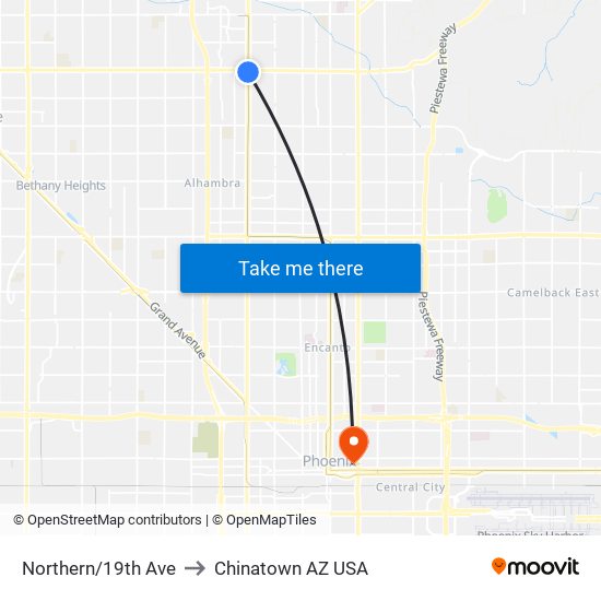 Northern/19th Ave to Chinatown AZ USA map