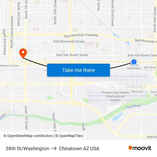 38th St/Washington to Chinatown AZ USA map