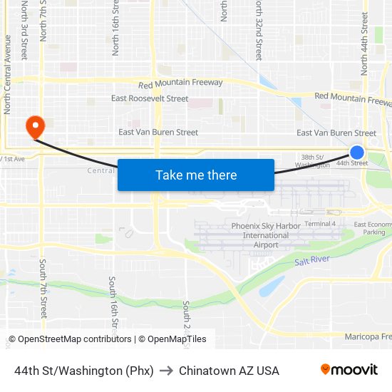 44th St/Washington (Phx) to Chinatown AZ USA map