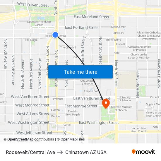 Roosevelt/Central Ave to Chinatown AZ USA map
