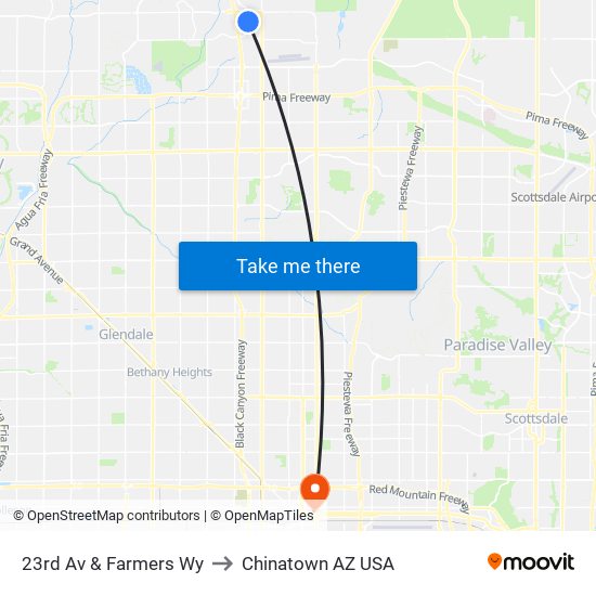 23rd Av & Farmers Wy to Chinatown AZ USA map