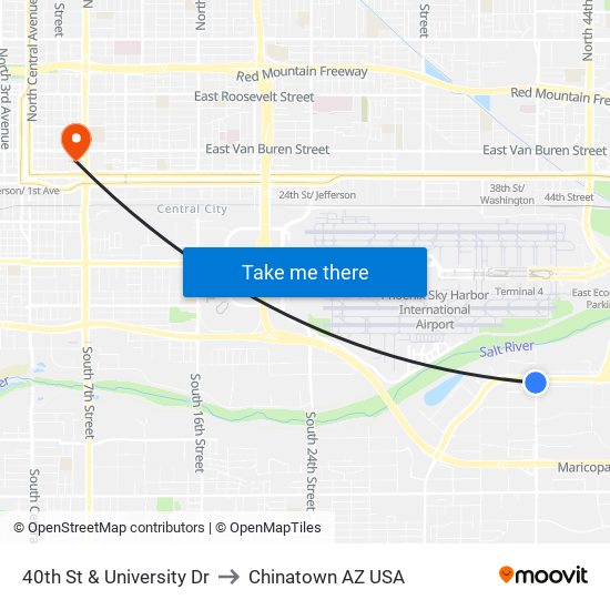 40th St & University Dr to Chinatown AZ USA map