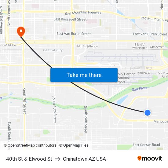 40th St & Elwood St to Chinatown AZ USA map