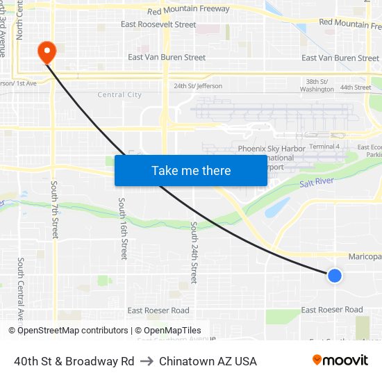 40th St & Broadway Rd to Chinatown AZ USA map