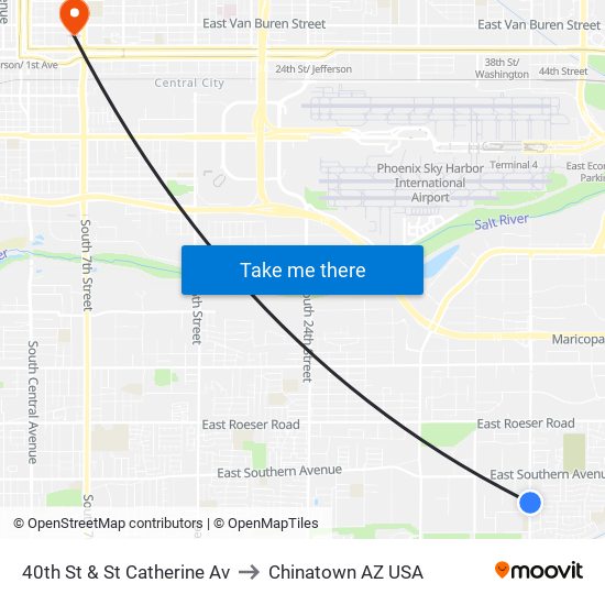 40th St & St Catherine Av to Chinatown AZ USA map