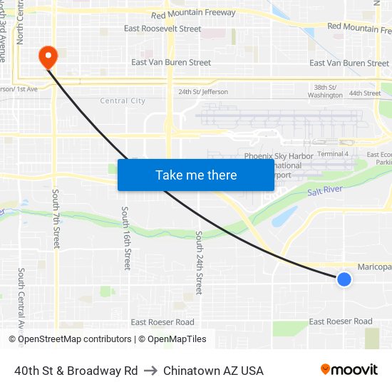 40th St & Broadway Rd to Chinatown AZ USA map
