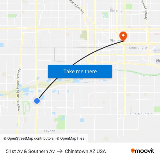 51st Av & Southern Av to Chinatown AZ USA map