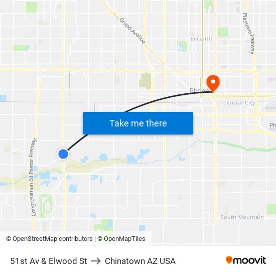 51st Av & Elwood St to Chinatown AZ USA map