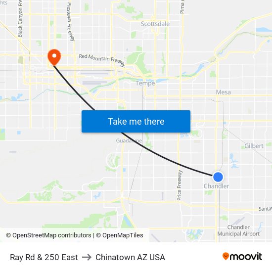 Ray Rd & 250 East to Chinatown AZ USA map