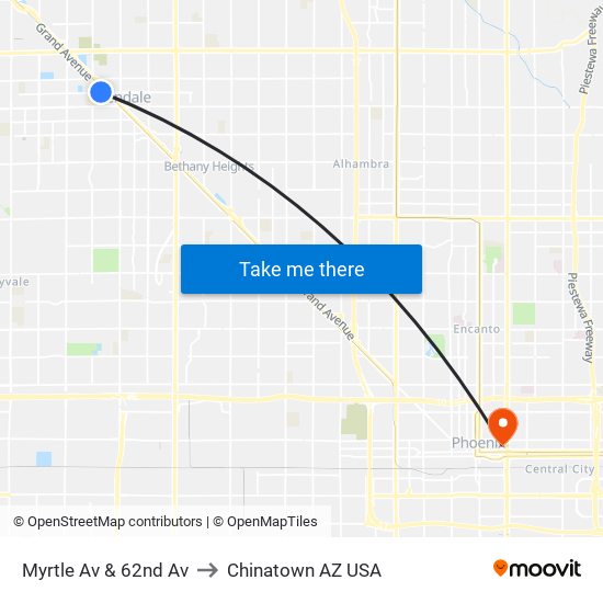 Myrtle Av & 62nd Av to Chinatown AZ USA map