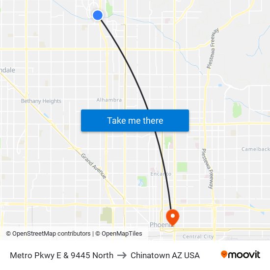 Metro Pkwy E & 9445 North to Chinatown AZ USA map