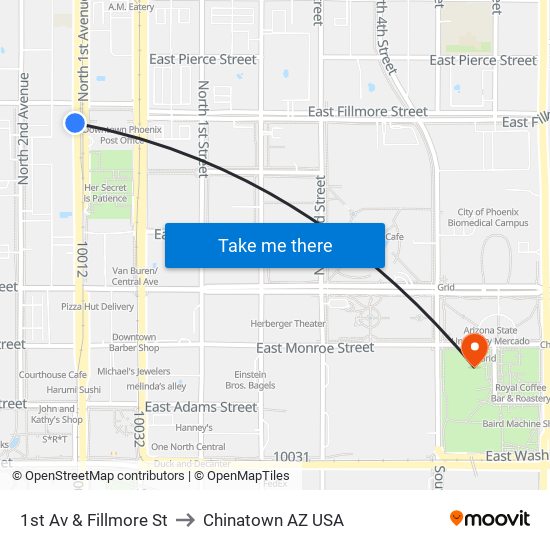 1st Av & Fillmore St to Chinatown AZ USA map