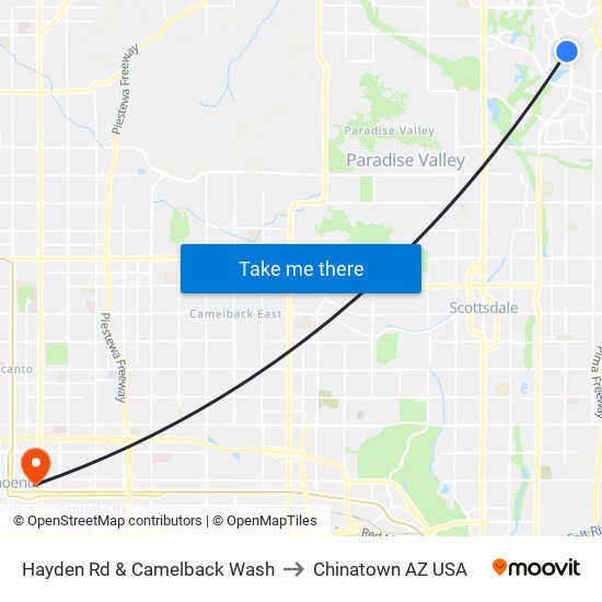 Hayden Rd & Camelback Wash to Chinatown AZ USA map