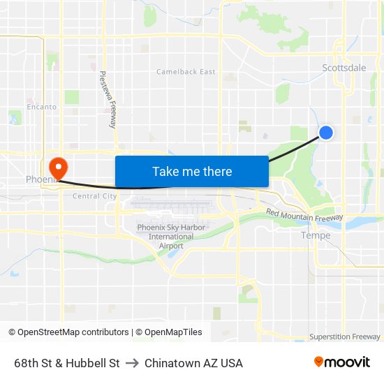 68th St & Hubbell St to Chinatown AZ USA map