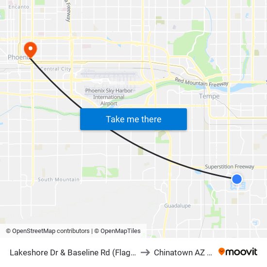 Lakeshore Dr & Baseline Rd (Flag Zone) to Chinatown AZ USA map