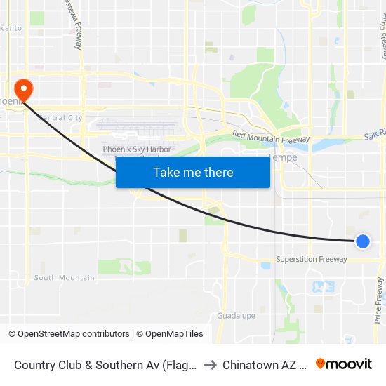 Country Club & Southern Av (Flag Zone) to Chinatown AZ USA map