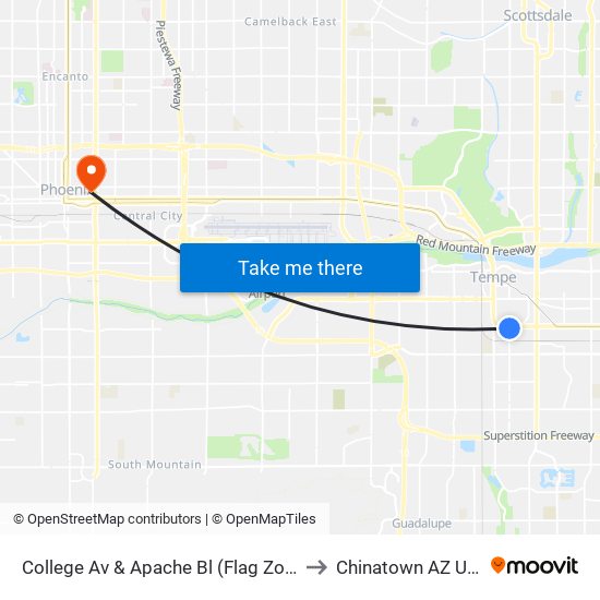 College Av & Apache Bl (Flag Zone) to Chinatown AZ USA map