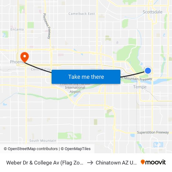 Weber Dr & College Av (Flag Zone) to Chinatown AZ USA map