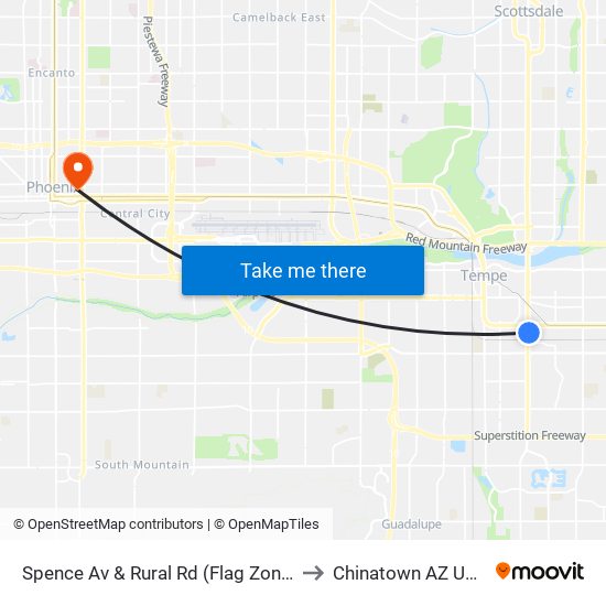 Spence Av & Rural Rd (Flag Zone) to Chinatown AZ USA map