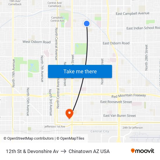 12th St & Devonshire Av to Chinatown AZ USA map