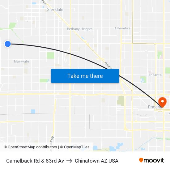 Camelback Rd & 83rd Av to Chinatown AZ USA map