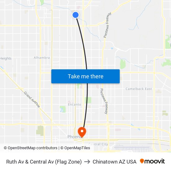 Ruth Av & Central Av (Flag Zone) to Chinatown AZ USA map