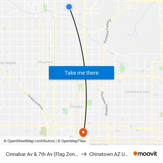 Cinnabar Av & 7th Av (Flag Zone) to Chinatown AZ USA map