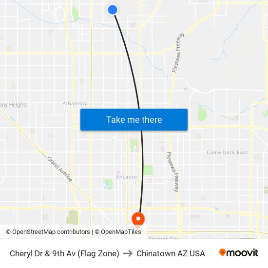 Cheryl Dr & 9th Av (Flag Zone) to Chinatown AZ USA map