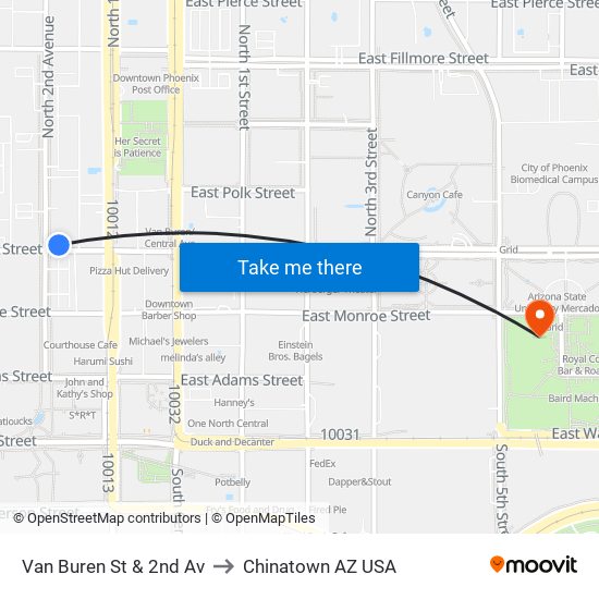 Van Buren St & 2nd Av to Chinatown AZ USA map