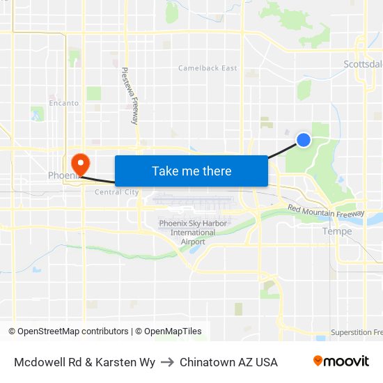 Mcdowell Rd & Karsten Wy to Chinatown AZ USA map