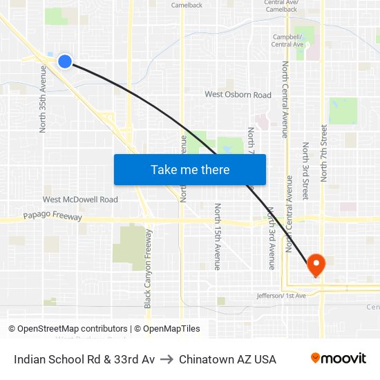 Indian School Rd & 33rd Av to Chinatown AZ USA map