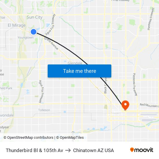 Thunderbird Bl & 105th Av to Chinatown AZ USA map