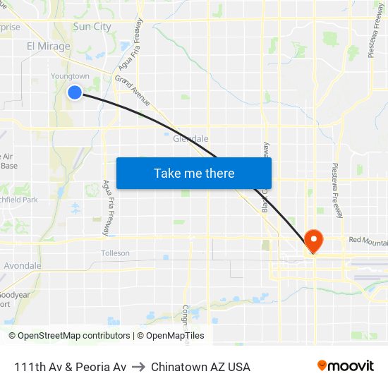 111th Av & Peoria Av to Chinatown AZ USA map