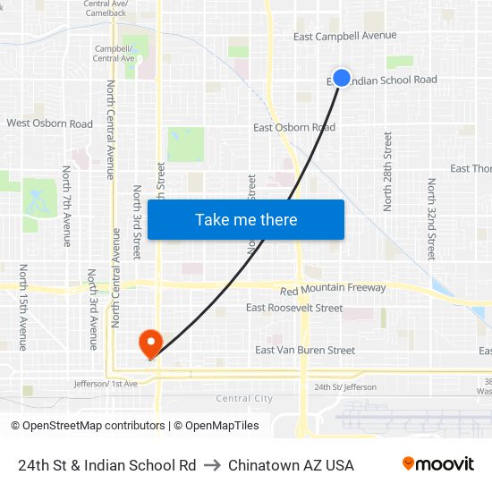 24th St & Indian School Rd to Chinatown AZ USA map