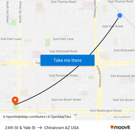 24th St & Yale St to Chinatown AZ USA map