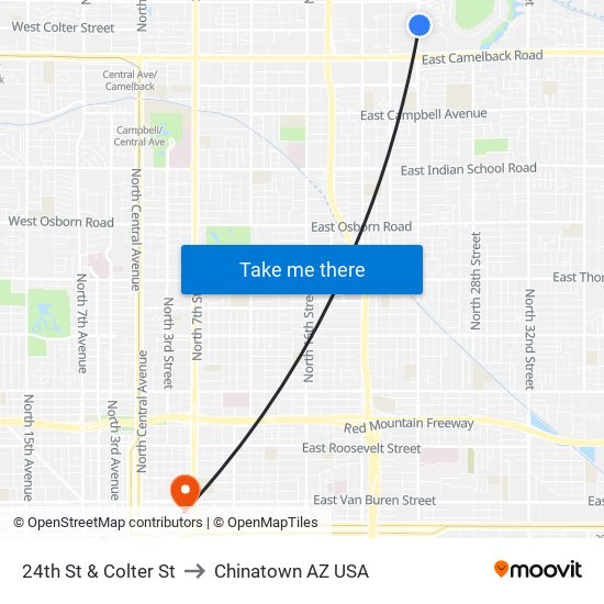 24th St & Colter St to Chinatown AZ USA map