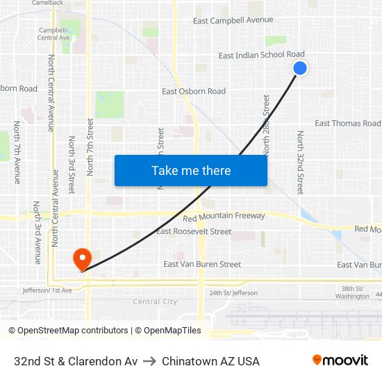 32nd St & Clarendon Av to Chinatown AZ USA map