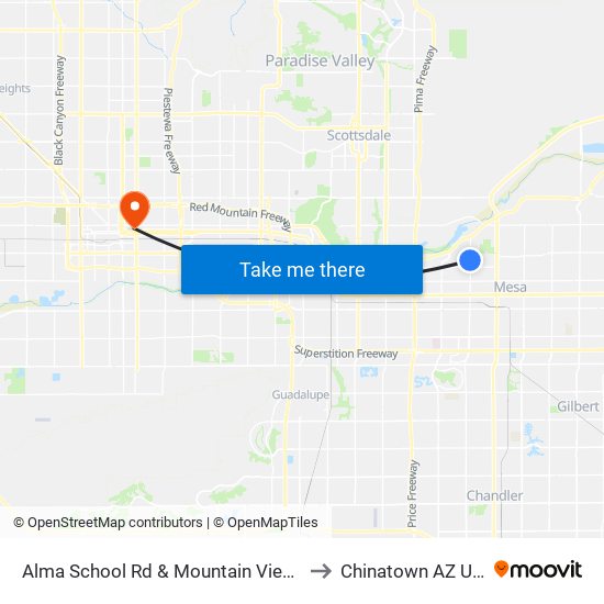 Alma School Rd & Mountain View Dr to Chinatown AZ USA map