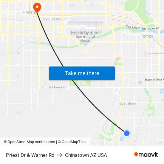 Priest Dr & Warner Rd to Chinatown AZ USA map