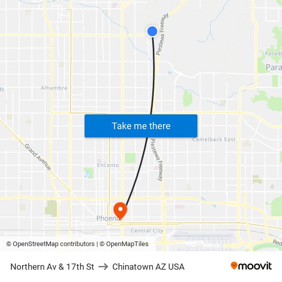 Northern Av & 17th St to Chinatown AZ USA map