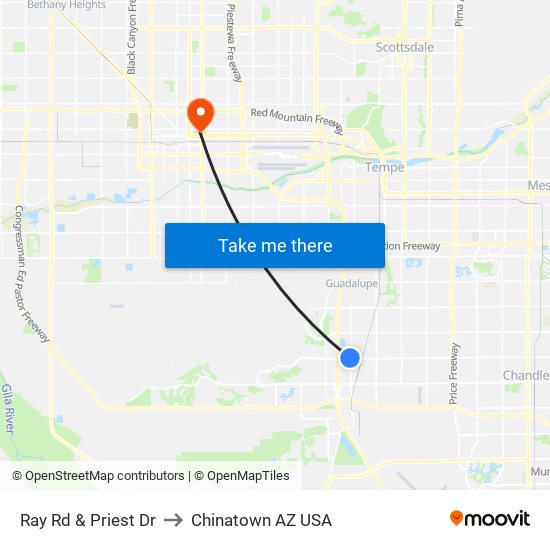 Ray Rd & Priest Dr to Chinatown AZ USA map