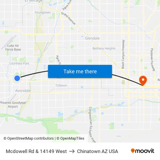 Mcdowell Rd & 14149 West to Chinatown AZ USA map