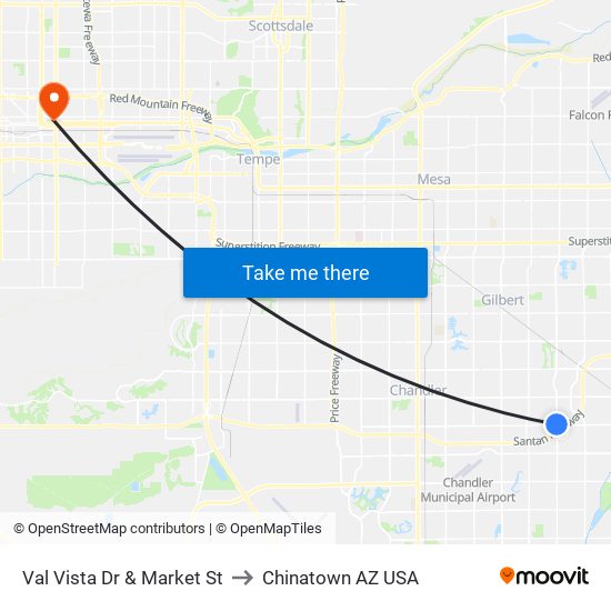 Val Vista Dr & Market St to Chinatown AZ USA map