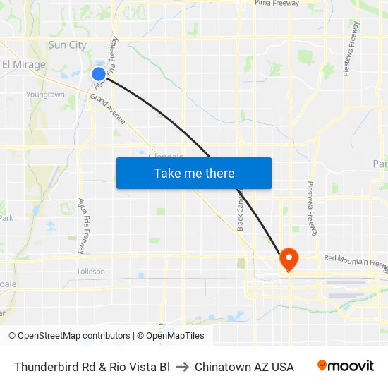 Thunderbird Rd & Rio Vista Bl to Chinatown AZ USA map